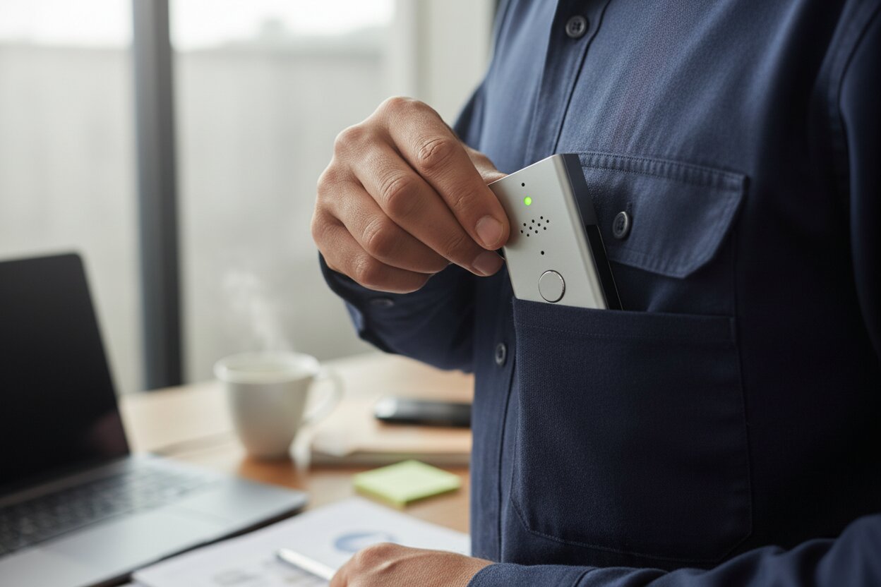 Field technician clipping Trova device onto work shirt